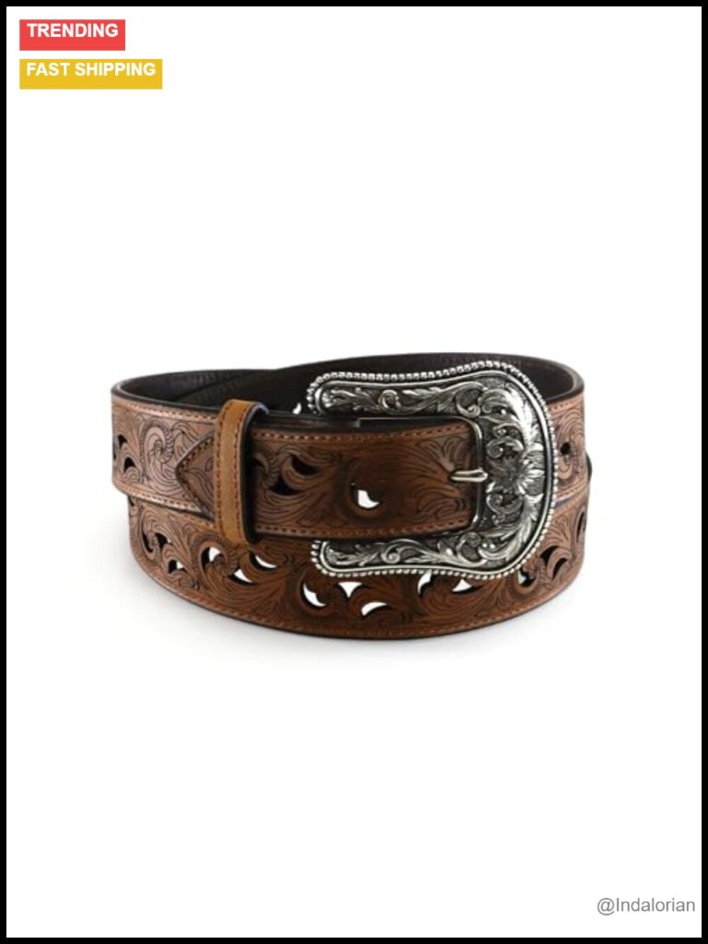 Genuine Leather Western Belt Open Scrollwork Buckle